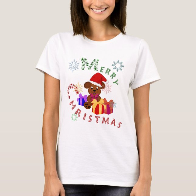 Camiseta Feliz Natal Cachorrinho Presentes de Natal e Floco (Frente)