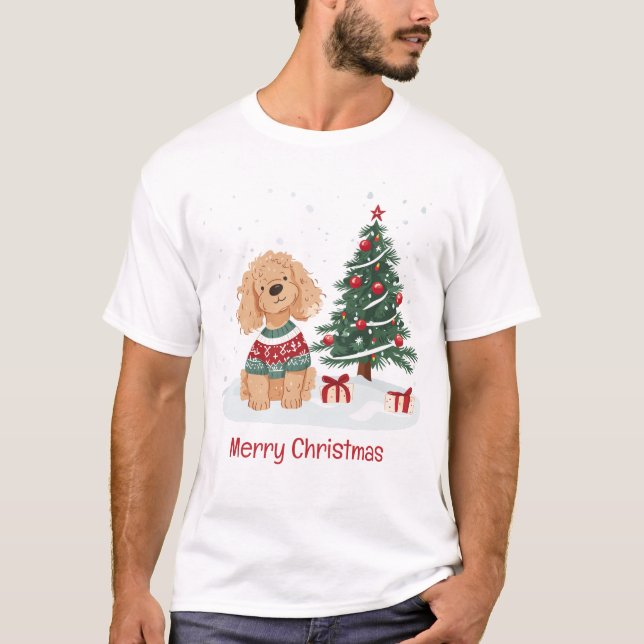 Camiseta Feliz Natal Cachorro Goldendoodle (Frente)
