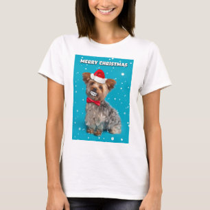 Camiseta Feliz Natal - Cachorro Yorkie em Santa Hat sorrind