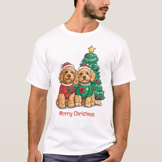 Camiseta Feliz Natal Cachorros de Goldendoodle (Frente)