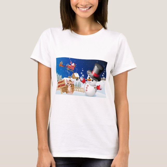 Camiseta Feliz Natal Chihuahua com Frosty (Frente)