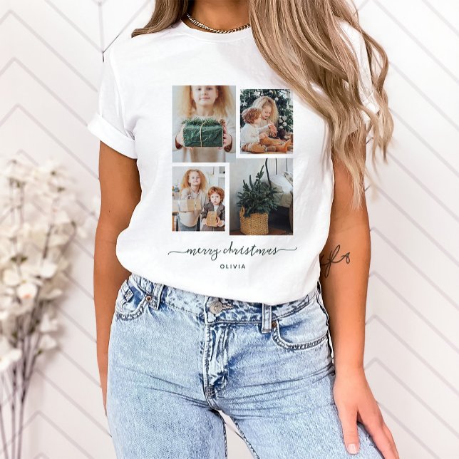 Camiseta Feliz Natal | Colagem de Fotografias Moderna (This holiday shirt features a trendy and modern four photo collage with dark green script)
