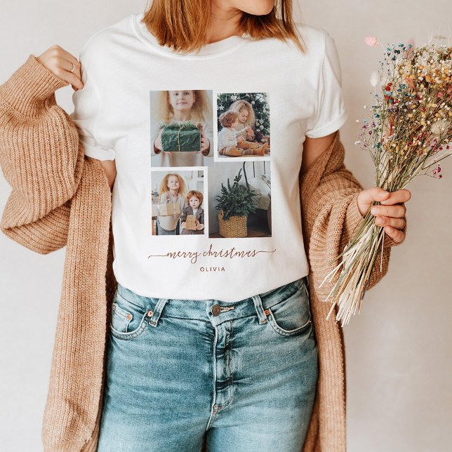 Camiseta Feliz Natal | Colagem de Fotografias Moderna (This holiday shirt features a trendy and modern four photo collage with terracotta script)
