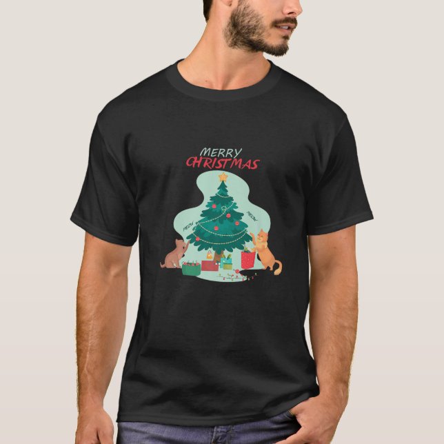 Camiseta Feliz Natal Com Gatos, Presentes E Natal (Frente)
