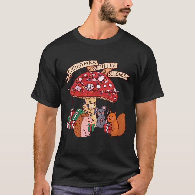 Camiseta Feliz Natal com Mouse de Esquilo Mushroom e M (Frente)