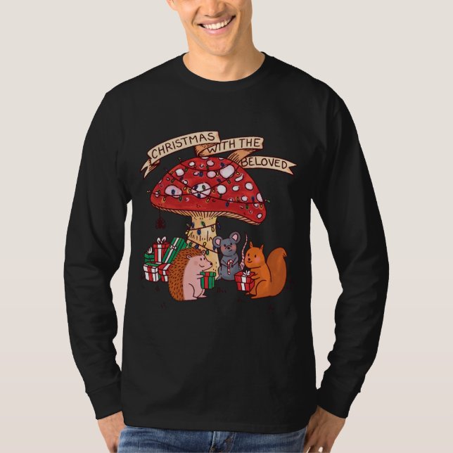 Camiseta Feliz Natal com Mouse de Esquilo Mushroom e M (Frente)