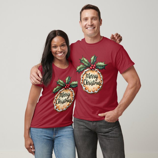 Camiseta Feliz Natal Cookie com Holly Berries (Unissex)