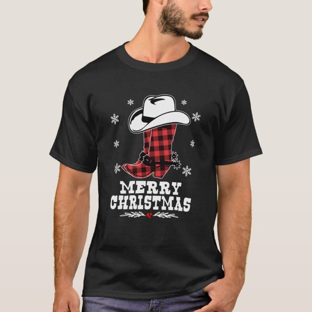 Camiseta Feliz Natal Cowboy Boots Red Buffalo Xadrez Wes (Frente)