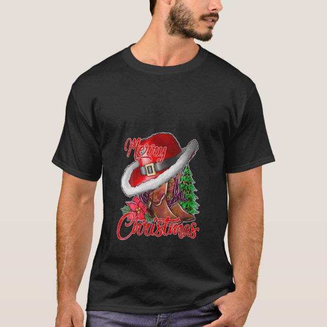 Camiseta Feliz Natal Cowboy Boots Xmas Lights Cowg (Frente)