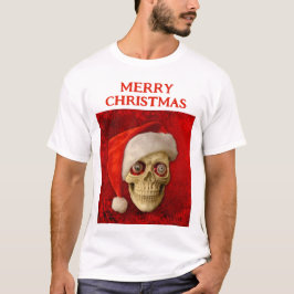 Camiseta Feliz Natal. Crânio usando chapéu de Papai Noel