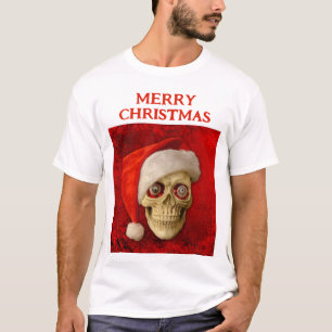 Camiseta Feliz Natal. Crânio usando chapéu de Papai Noel