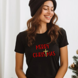 Camiseta Feliz Natal Cristão Dourado Cruz Faith Black