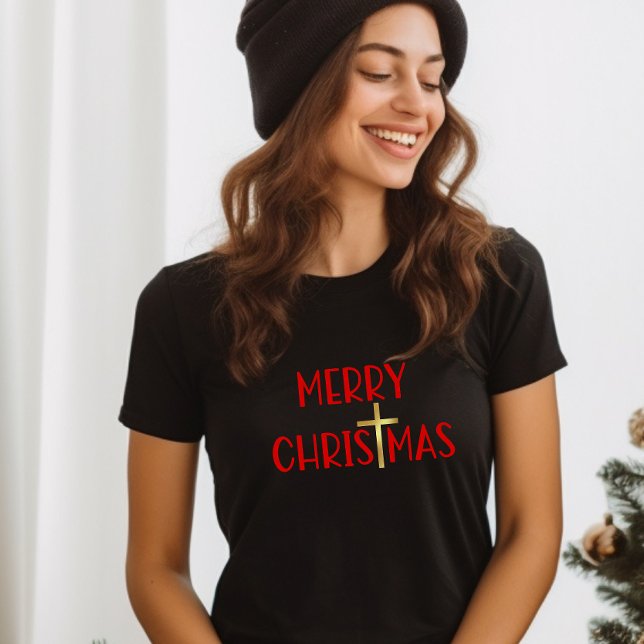 Camiseta Feliz Natal Cristão Dourado Cruz Faith Black (Criador carregado)