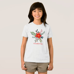 Camiseta Feliz Natal da Poinsettia Vermelha Personalizada