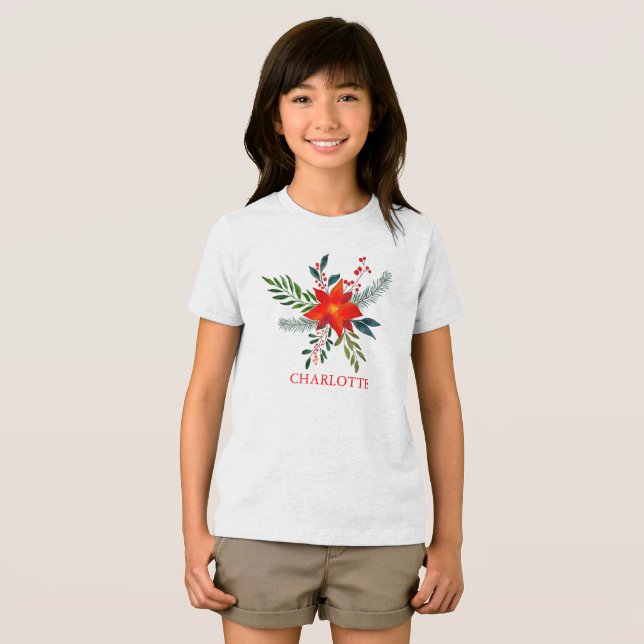 Camiseta Feliz Natal da Poinsettia Vermelha Personalizada (Frente Completa)