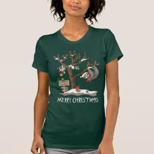 Camiseta FELIZ NATAL das mulheres de PÓLO da PREGUIÇA