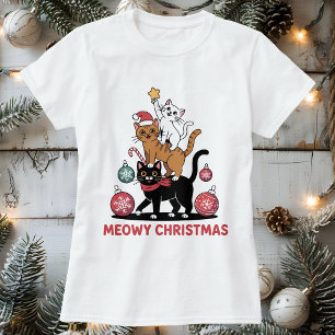 Camiseta Feliz Natal De Gatos Empilhados Ao Longo
