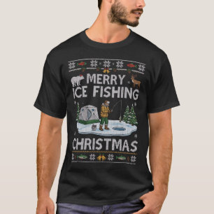 Camiseta Feliz Natal de Pesca no Gelo Tenda Árvores