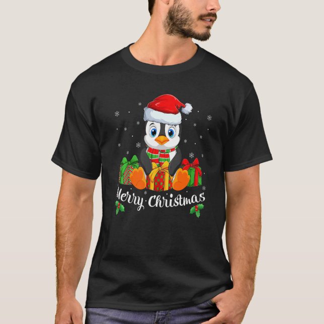 Camiseta Feliz Natal De Santa Hat Cute Penguin Em Jul (Frente)
