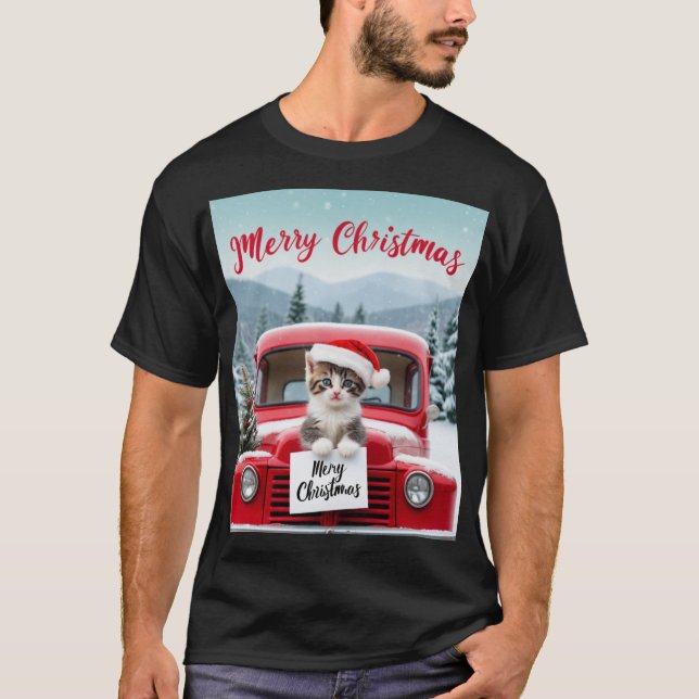 Camiseta Feliz Natal de um Felino Festivo (Frente)