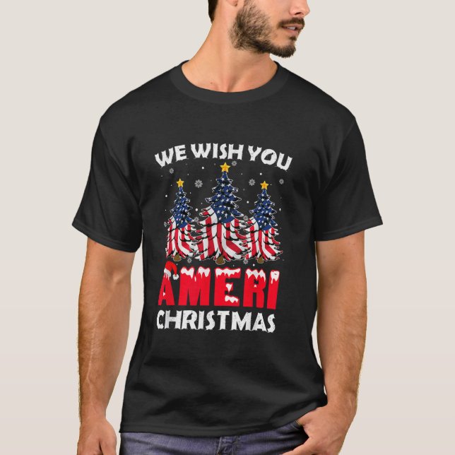 Camiseta Feliz Natal Desejamos-Lhe Ameri Xmas American Fl (Frente)