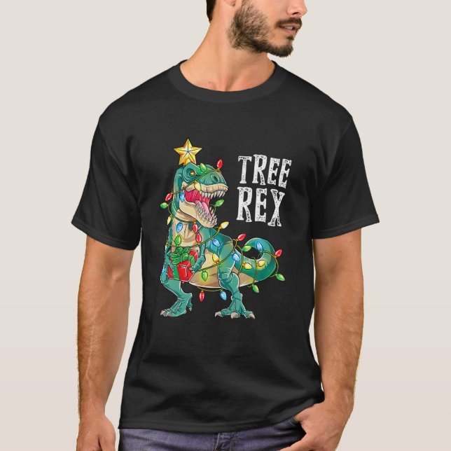 Camiseta Feliz Natal Dinossauro Árvore Rex Pajamas Homens (Frente)