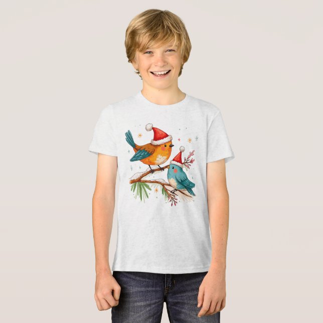 Camiseta Feliz Natal Dois Pássaros Adoráveis (Frente Completa)