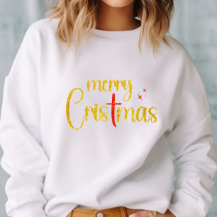 Camiseta Feliz Natal Dourado Glitter Cruz Vermelha Cristã