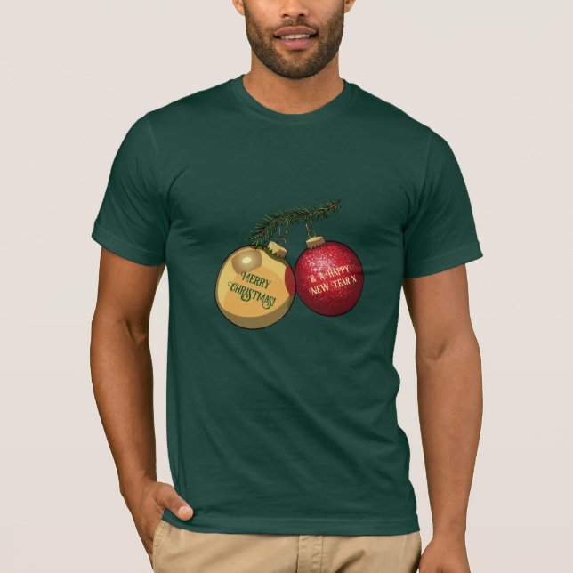 Camiseta Feliz Natal e decorações de Felizes anos novos (Frente)