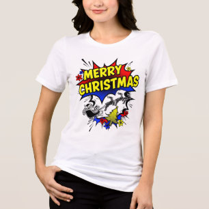 Camiseta Feliz Natal em Estilo de Quadrinhos Pop Art