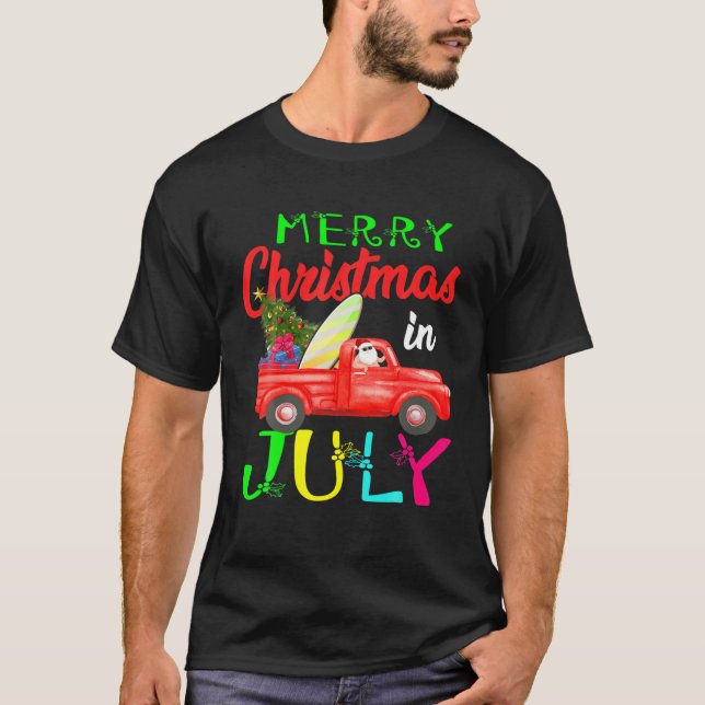 Camiseta Feliz Natal Em Julho Papais noeis Dirigindo Caminh (Frente)