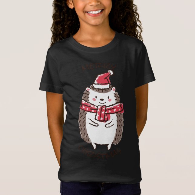Camiseta Feliz Natal Engraçado, Fofo, Fofo, Hedgehog Santa  (Frente)