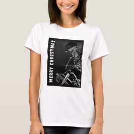 Camiseta Feliz Natal. Esqueleto com chapéu de Papai Noel