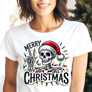 Camiseta Feliz Natal Esqueleto Sinal de Paz
