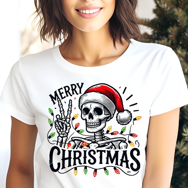Camiseta Feliz Natal Esqueleto Sinal de Paz (Criador carregado)