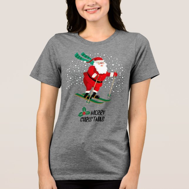 Camiseta Feliz Natal Esquiando Papai Noel Férias de inverno (Frente)