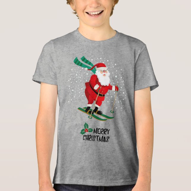 Camiseta Feliz Natal Esquiando Papai Noel Férias de inverno (Frente)