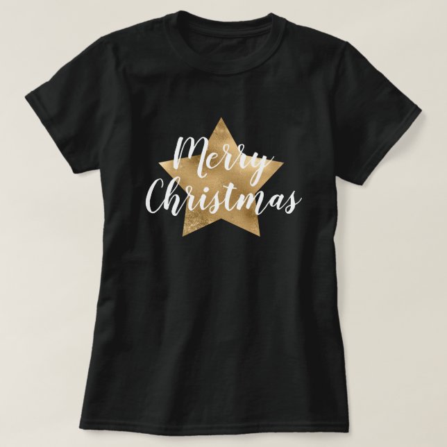 Camiseta Feliz Natal Estrela Dourada Preta (Frente do Design)
