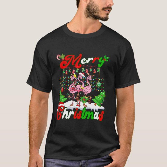 Camiseta Feliz Natal Façada Flamingo Família de Amantes X (Frente)