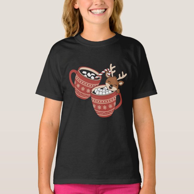 Camiseta Feliz Natal - Família de Reindeers Cute Xmas Café (Frente)