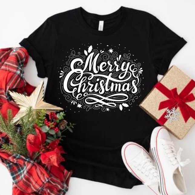 Camiseta Feliz Natal Feriado das Mulheres (Merry Christmas Women's Holiday T-Shirt in Black and White)