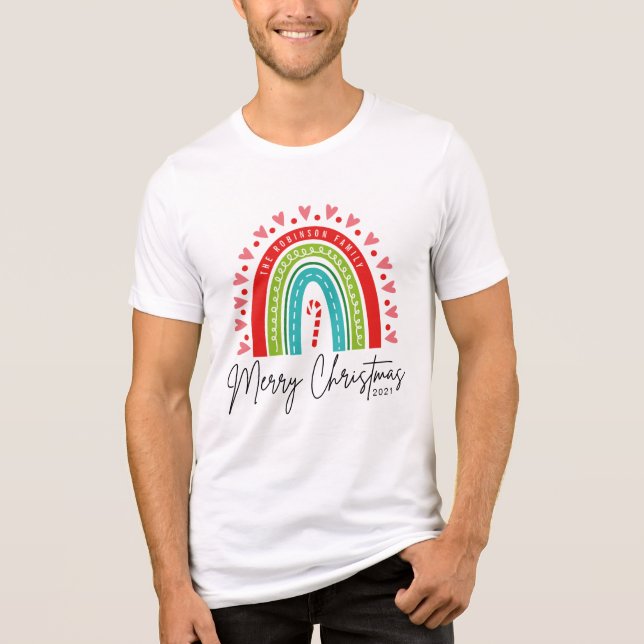Camiseta Feliz Natal Festivo Arco-Íris Doce Coração (Frente)