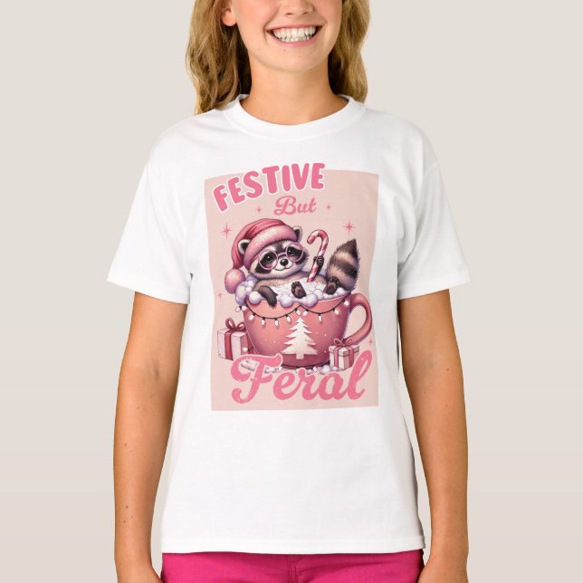 Camiseta Feliz Natal Festivo, mas Feral Raccoon (Frente)