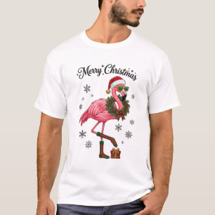 Camiseta Feliz Natal Flamingo Chapéu de Papai Noel Grinalda