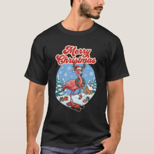 Camiseta Feliz Natal Flamingo Chapéu de Papai Noel Trenó