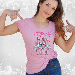 Camiseta Feliz Natal Flamingo Flamingo Flock Santa Hat