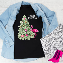 Camiseta Feliz Natal Flamingo Rosa e Árvore Pastel