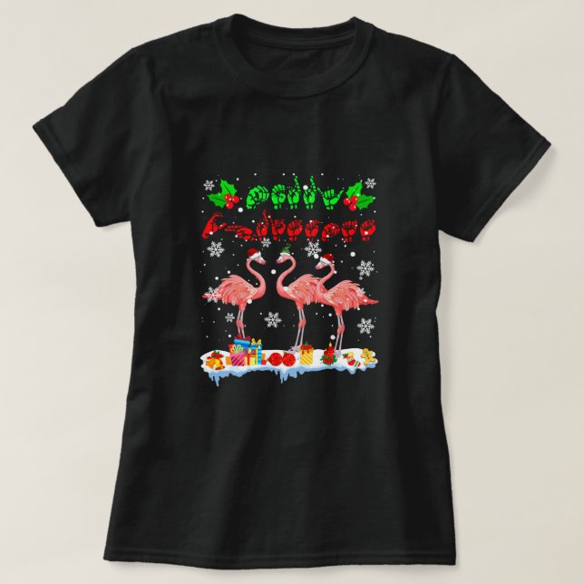 Camiseta Feliz Natal Fofo Xmas Flamingo ASL Sinal Language (Frente do Design)
