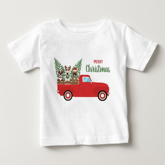 Camiseta Feliz Natal Francês Bulldog Red Pickup Truck (Frente)