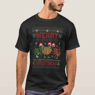 Camiseta Feliz Natal Frango Chapéu de Papai Noel Feio Luzes